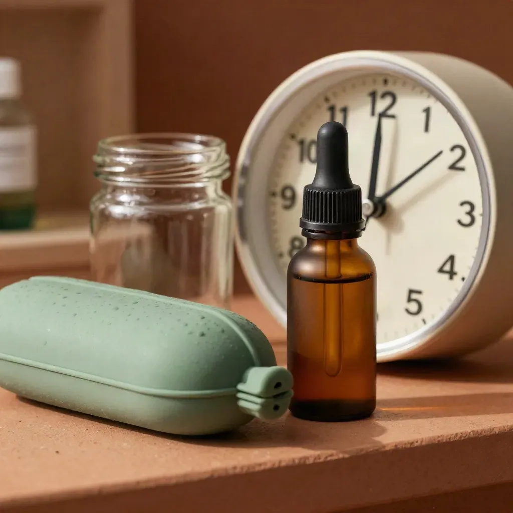 Macro still life of cannabis education tools: bottle, jar, travel case, and reminder clock.
