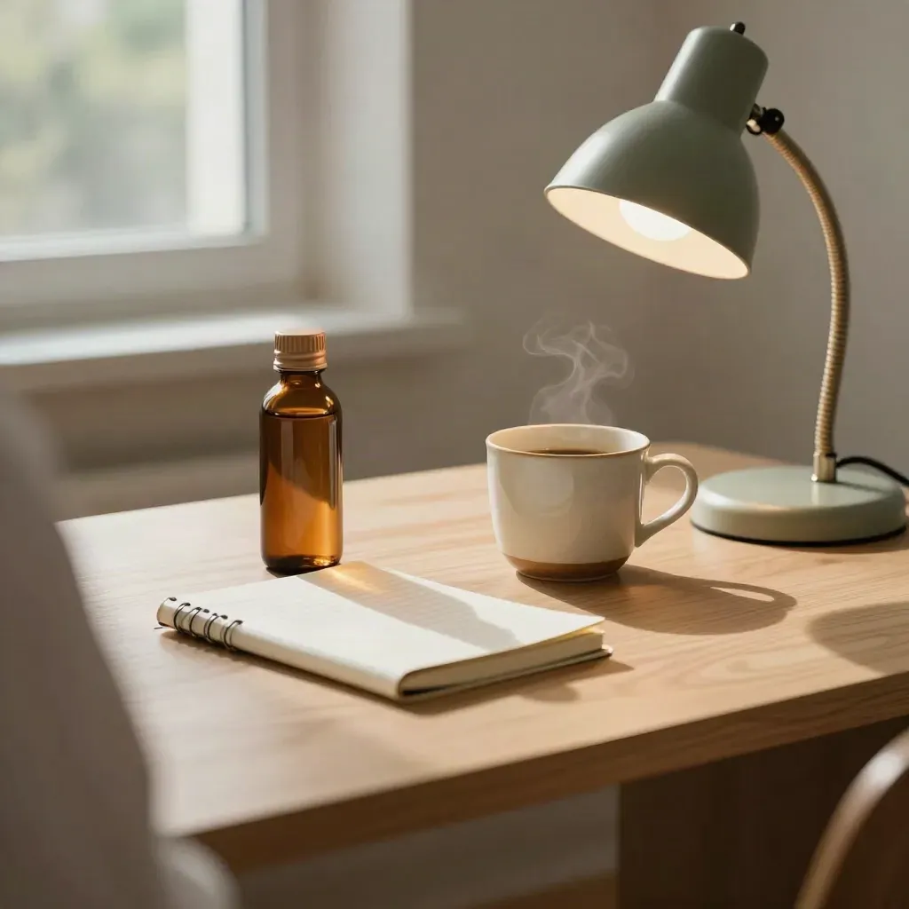 Amber low-THC bottle, closed notebook, coffee cup, and desk lamp on pale wood in morning light.