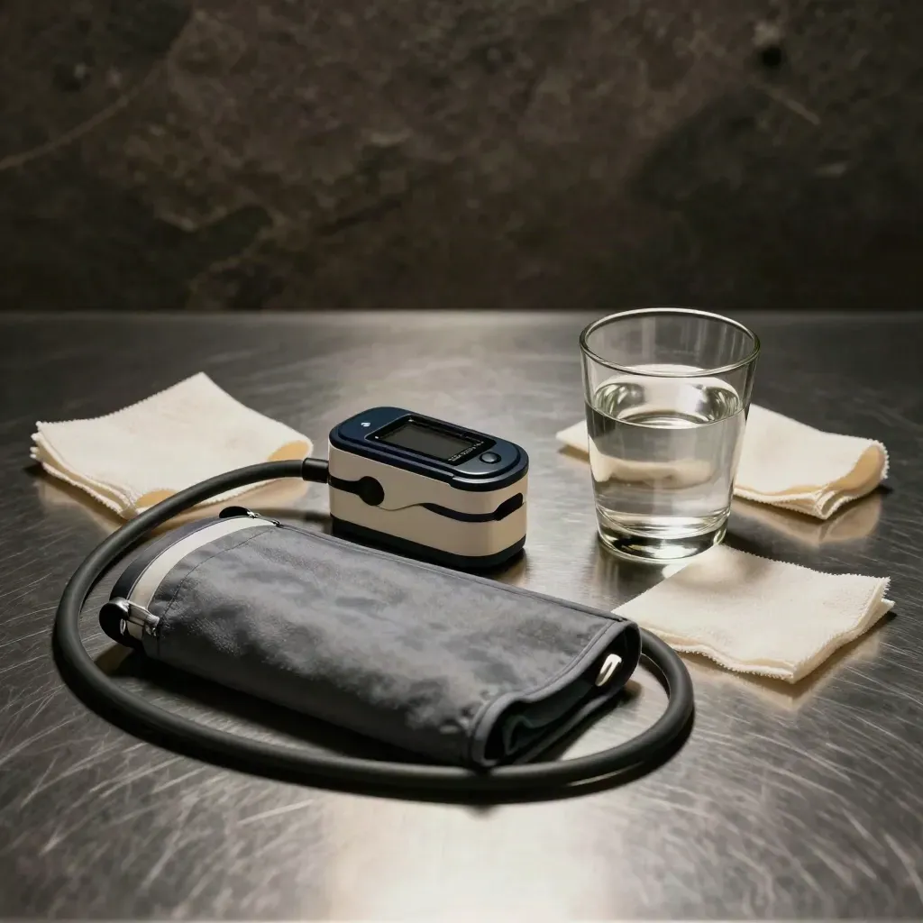 Pulse oximeter, blood-pressure cuff, and hydration glass on brushed steel, low dramatic light.