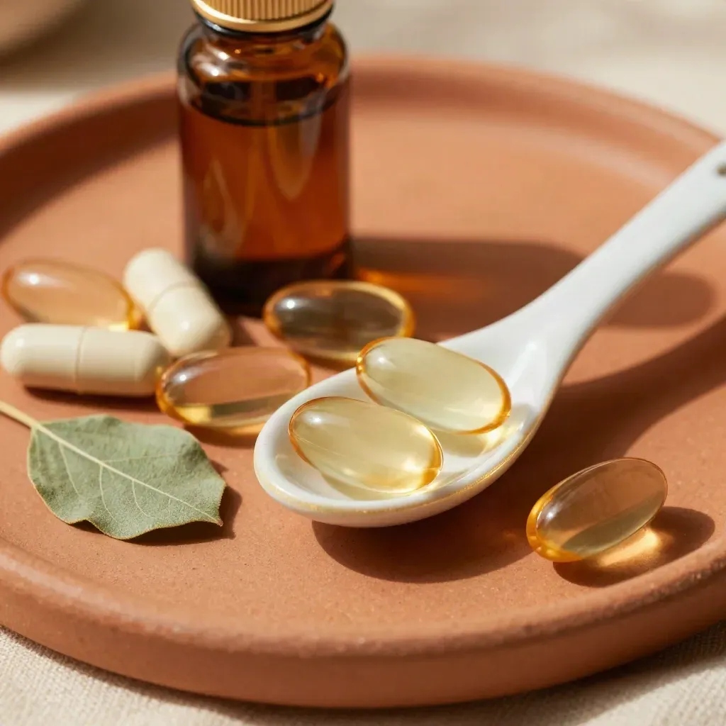 Amber bottle, capsules, ceramic spoon and herb leaf on terracotta under soft daylight.