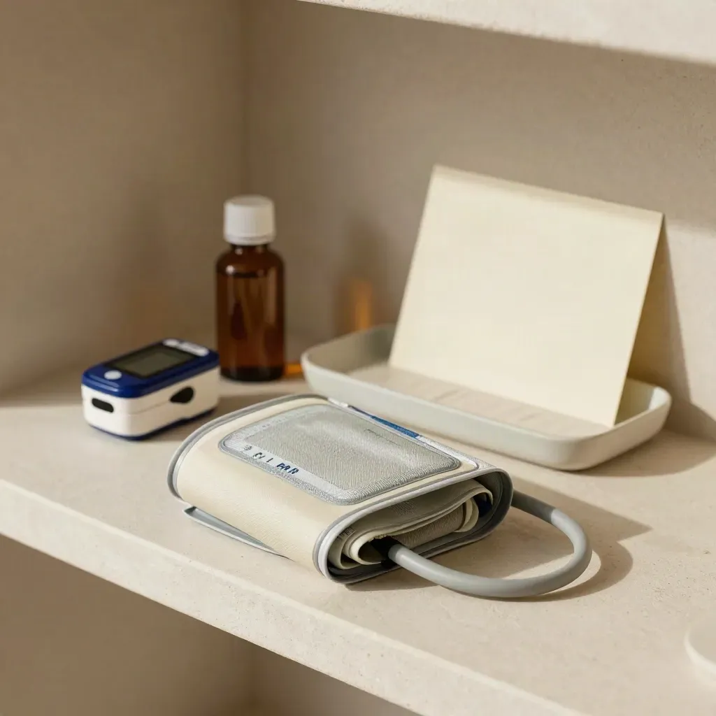 Coiled blood-pressure cuff, oximeter, amber bottle, and tray on a calm stone shelf